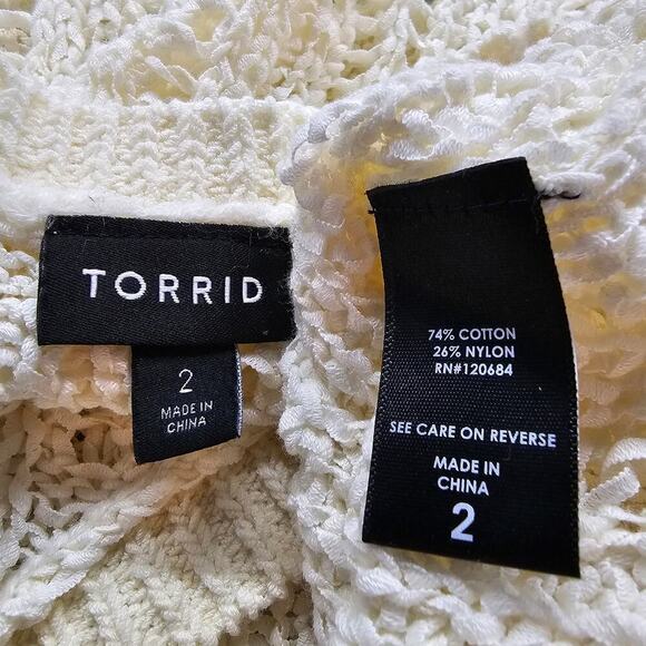 Torrid Open Knit Blouse Women 2X Cream Boho Cottage Coastal Short Sleeve Neutral - Picture 9 of 9